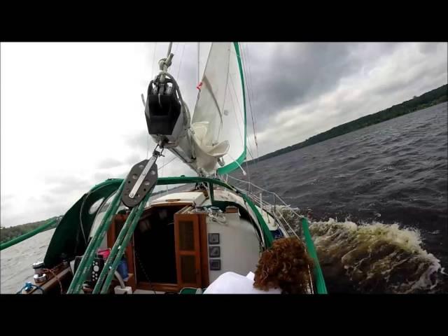 Sailing a Bayfield 32C on the St. Croix River in heavy winds.