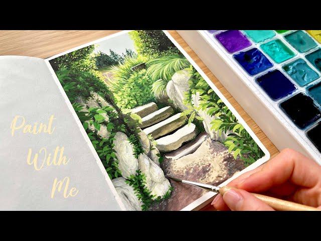 Gouache Painting of Green Garden Landscape With Stone Stairs/ Paint With Me 