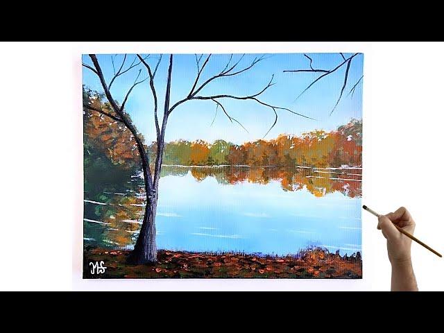 Easy lake painting tutorial - Water reflection acrylic painting - How to paint reflections in water