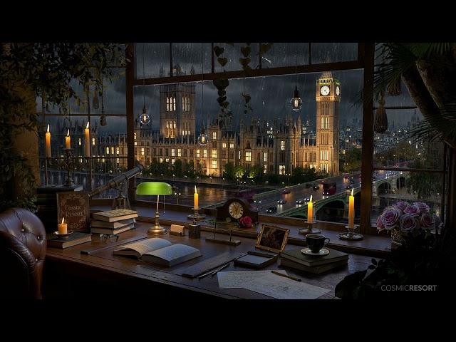 Victorian Study Room overlooking London Big Ben Westminster - Rain and Distant Thunder Sounds