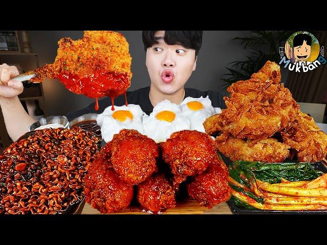 ASMR MUKBANG | Fried Chicken, steak, black bean noodles, kimchi Korean Food recipe ! eating