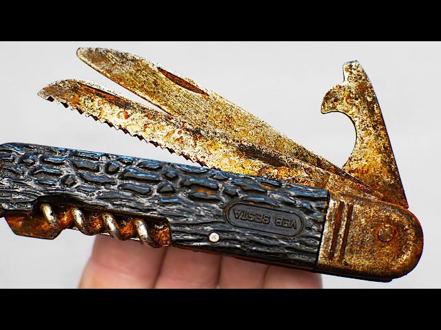 Vintage Rusty Pocket Knife Restoration. Knife with a saw