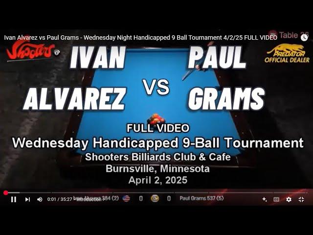 Ivan Alvarez vs Paul Grams - Wednesday Night Handicapped 9 Ball Tournament 4/2/25 FULL VIDEO