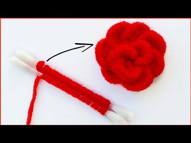 Amazing Trick with Cotton Bud - Easy Woolen Rose Making Ideas - 3d Hand Embroidery Flower Design