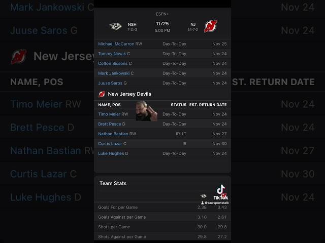 New Jersey Devils VS Nashville Predators :Free NHL Betting info for 11/25/24