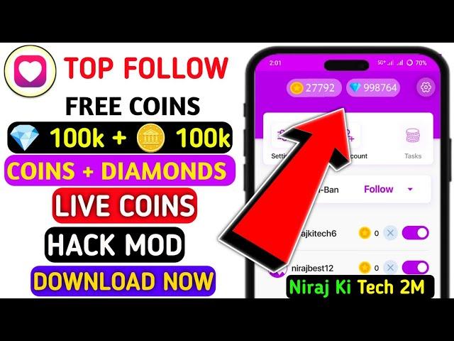 1 Lakh + Coins In 2 Day 🪙 10K Crystals | Top Follow App Unlimited Coins Trick 2025 | Top Follow App