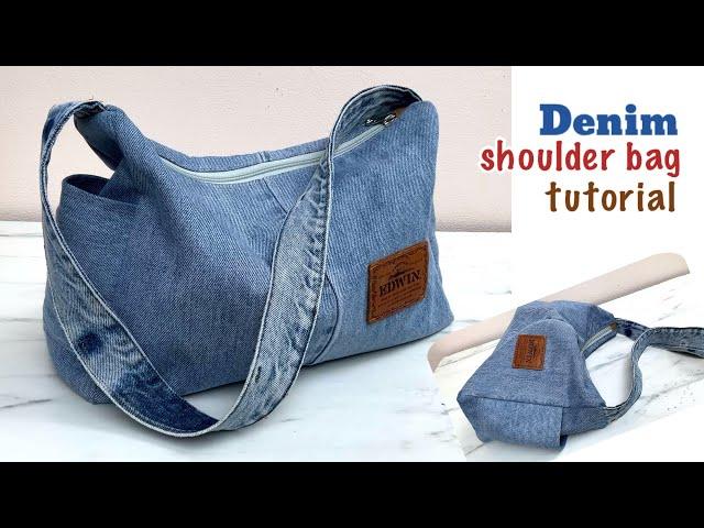 how to sew denim shoulder bag patterns , 1 jeans 1 bag idea,denim hobo bag tutorial.