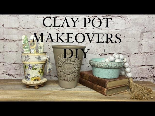 DIY TERRACOTTA POT MAKEOVERS & GARDEN MARKERS WITH IOD, DECOUPAGE & STAMPS.