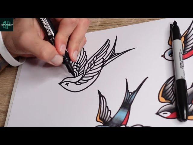 How to Draw Out  a Tattoo Design of 4 Old School Swallow Drawings