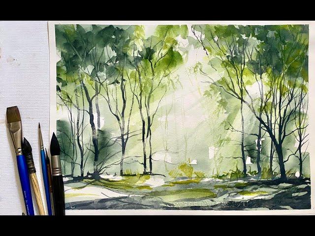 Simple BEGINNERS Woodland SUNBEAMS Watercolour Landscape, watercolor sun rays painting tutorial demo