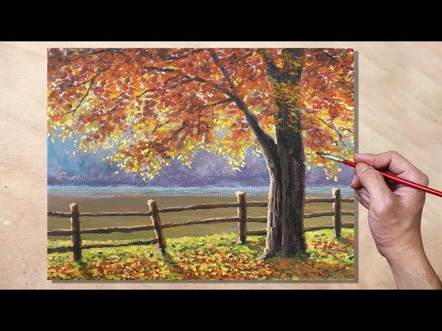 Acrylic Painting Sunlit Autumn Tree Landscape