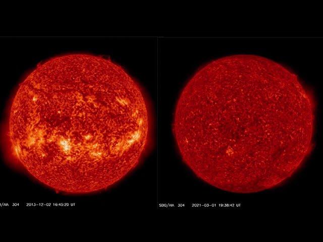 Sun in her solar maximum vs solar minimum - courtesy NASA Solar Dynamic Observatory