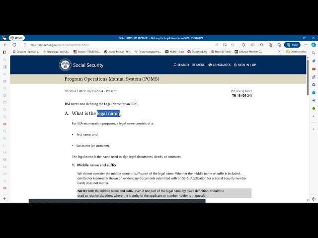 [FIRE] POMS: RM 10212.001 - Defining the "LEGAL NAME" for an SSN by the SSA Read by "the badwolf"