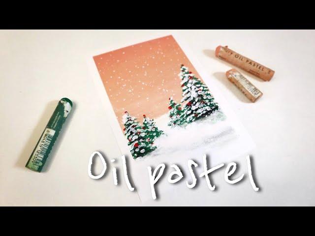 [ENG] Drawing a Christmas landscape with oil pastel. 오일파스텔 크리스마스 트리 풍경화 | 눈내리는 핑크하늘 겨울 풍경화