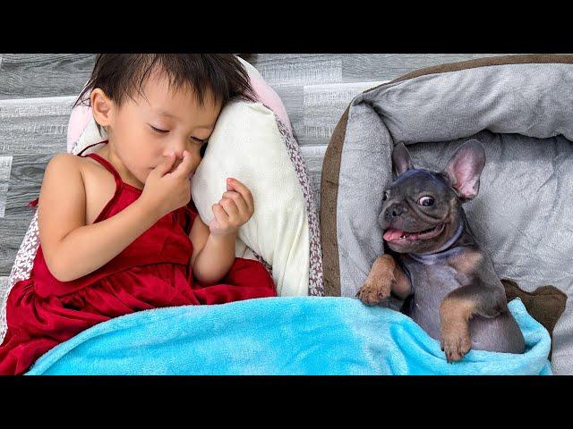 See how happy baby Diem and dog Mun sleep together