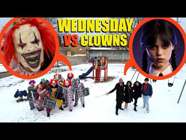 drone catches Wednesday Addams Family VS Clown Army at haunted park (Huge Battle)