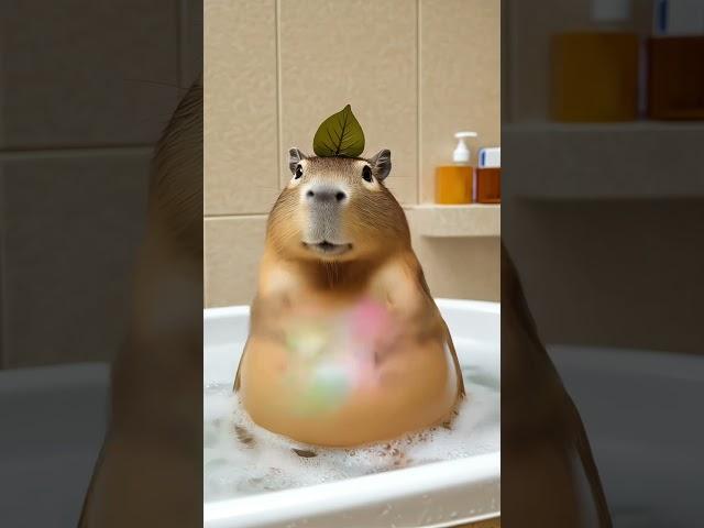卡皮巴拉洗澡爱揉肚子  capybara loves to rub her stomach while taking a shower #capybara #cute #animals #カピバラさん