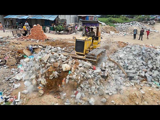 Impressive Action !! Huge Landfill by 5tons truck loading & D31P Bulldozer Push Soil and Clear trash