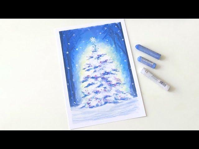 Christmas Tree Winter Landscape ️ | Step by step oil pastel drawing for beginners