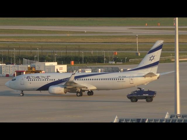 Police SWAT Truck escorting Israel El Al plane at Munich Airport