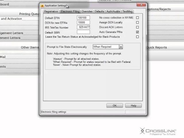 Electronic Filing Tab - CrossLink Professional Tax Software