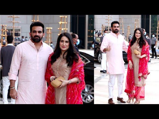 Former Indian Cricketer Zaheer Khan With Wife Sagarika Ghatge Arrive At Radhika Merchant Arangetram