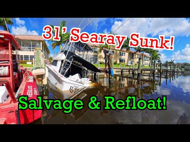 31' Searay Boat Sinking at the Dock! Salvage, Refloat, & Finding the Problem & Temporary Patching