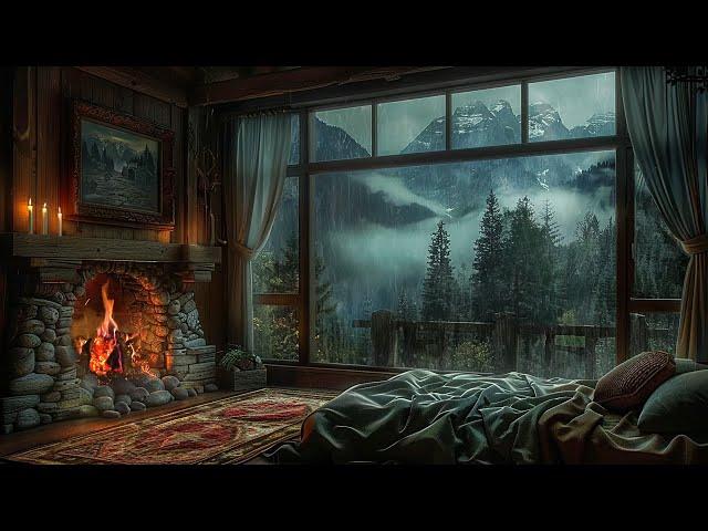 Deep Sleep Ambience: Cozy Room In Rainy Night With Fireplace Burning, Thunder Sound to Sleep, Relax