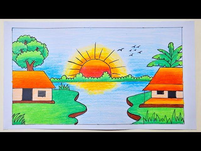 Scenery drawing | landscape drawing very easy steps |