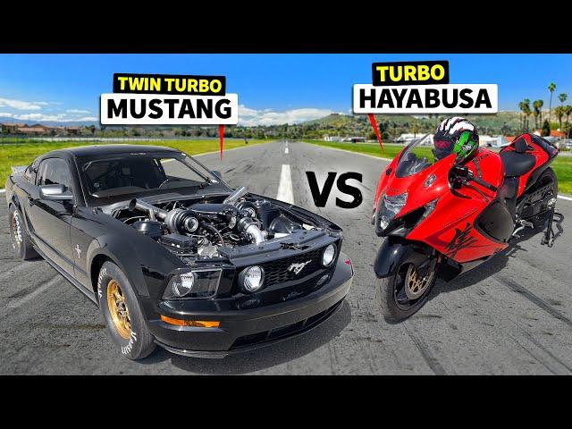 Can a 1000hp Twin Turbo Mustang GT beat a TURBO Hayabusa in a No Prep Drag Race??