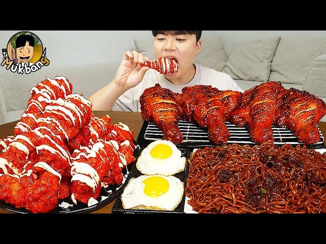 ASMR MUKBANG | Giant BBQ Chicken Drumsticks, black bean noodles, fried egg recipe ! eating