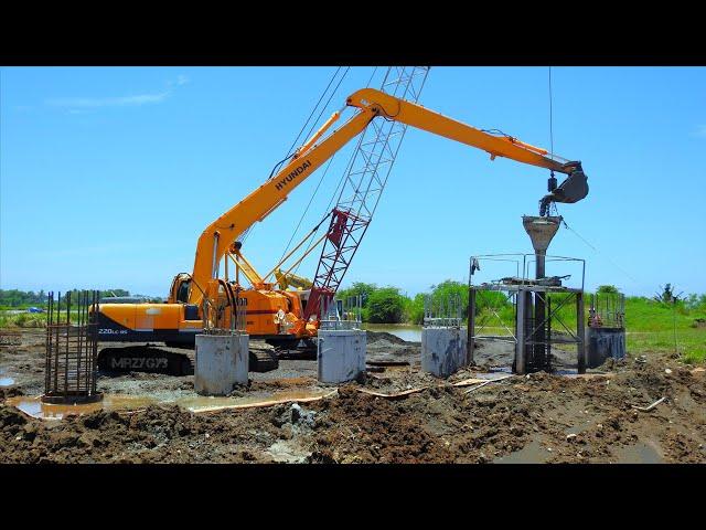 Excavator Cranes Drilling Rig Digging Deep Foundation And Pouring Concrete Into The Hole