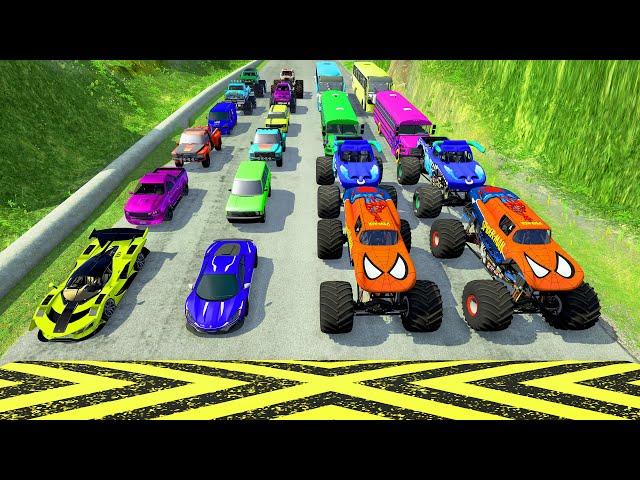 Big Cars & Monster Trucks vs Massive Speed Bumps vs DOWN OF DEATH in Thorny Road | HT Gameplay Crash