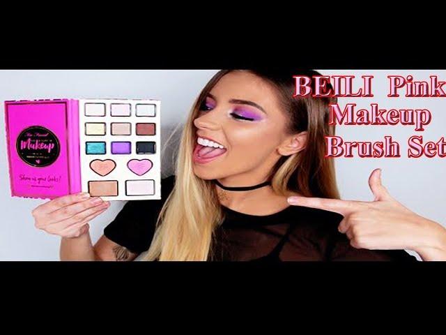 BEILI  Pink 25 Pieces Natural goat hair Synthetic Wool fiber Powder Foundation Eye Makeup Brush Set