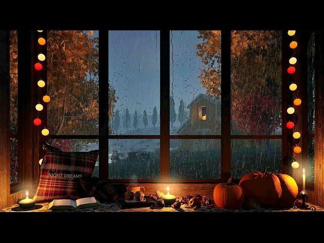 Cozy Window Reading Nook on a Rainy Autumn Night - Relaxing rain on windows sound for sleeping