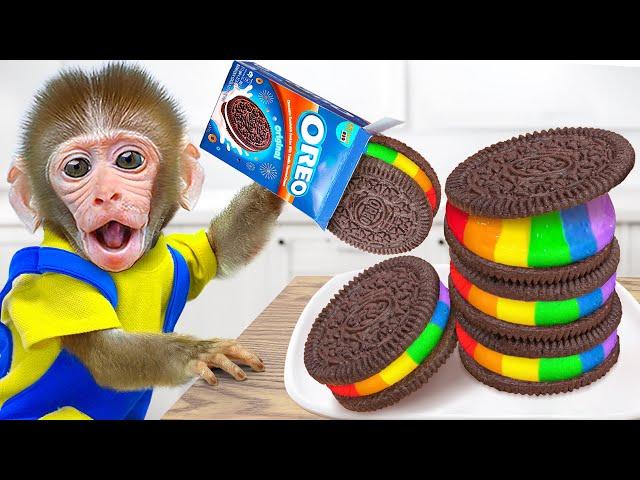 KiKi Monkey decorate Rainbow Oreo Chocolate Cake by Sweet M&M Candy | KUDO ANIMAL KIKI