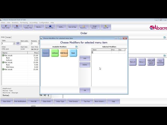 Abacre Restaurant Point of Sale: changing positions and colors for menu item modifiers