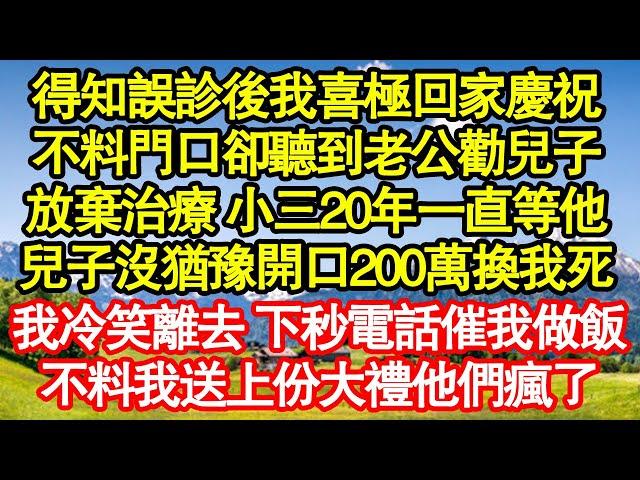 得知誤診後我喜極回家慶祝，不料門口卻聽到老公勸兒子，放棄治療 小三20年一直等他，兒子沒猶豫開口200萬換我死，我冷笑離去 下秒電話催我做飯，不料我送上份大禮他們瘋了真情故事會||老年故事||情感需求