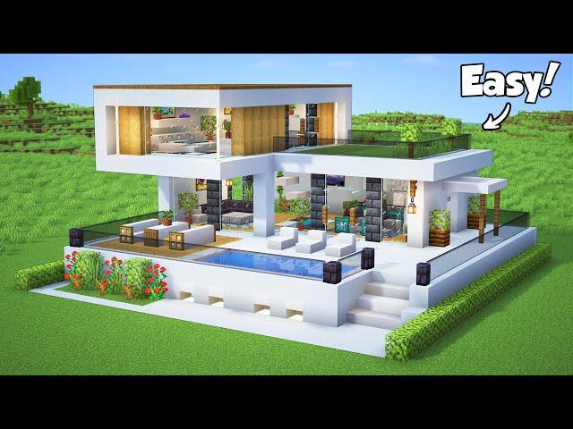 Minecraft: How to Build a Modern House Tutorial (Easy to follow) #53 + Interior