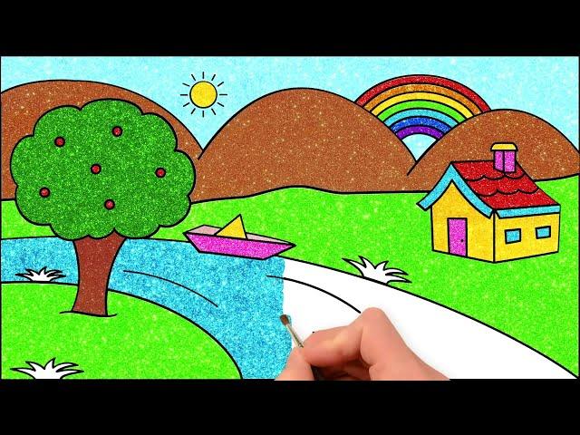 How to Draw Simple Scenery Landscape Picture | Glitter Painting for Kids | HooplaKidz How To