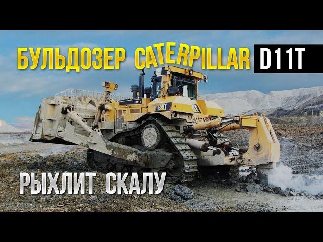 Тяжелый бульдозер Caterpillar D11T рыхлит скалу (коренные породы). Добыча золота на Колыме