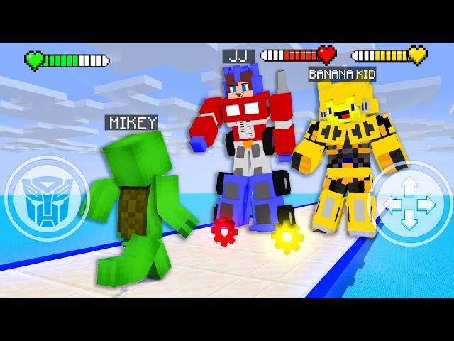 JJ and Mikey TRANSFORMERS Game with Banana Kid - Optimus vs Bumblebee - Maizen Minecraft Animation