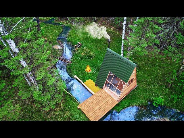 Building COZY A-frame HOUSE on the RIVER bank with a beach. Start to finish 1 year in 40 minutes.