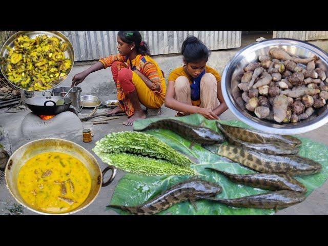 How SNAKE HEAD fish cutting & cooking with TASTY TARO ROOT by santali tribe girl | Rural Lifestyle