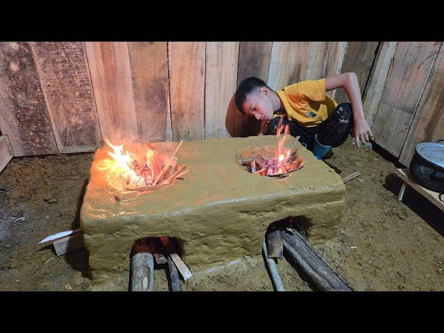 new life in the forest and wooden house, clay stove making skills, daily life of highland boy khai