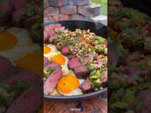 Steak and Eggs with Charred Scallion Chimichurri Recipe | Over The Fire Cooking by Derek Wolf