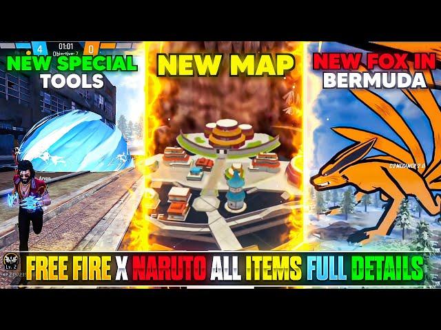 FREE FIRE X NARUTO ALL ITEMS FULL DETAILS | FREE FIRE NEW MAP 2025 | FF X NARUTO NEW TOOLS/  WEAPONS