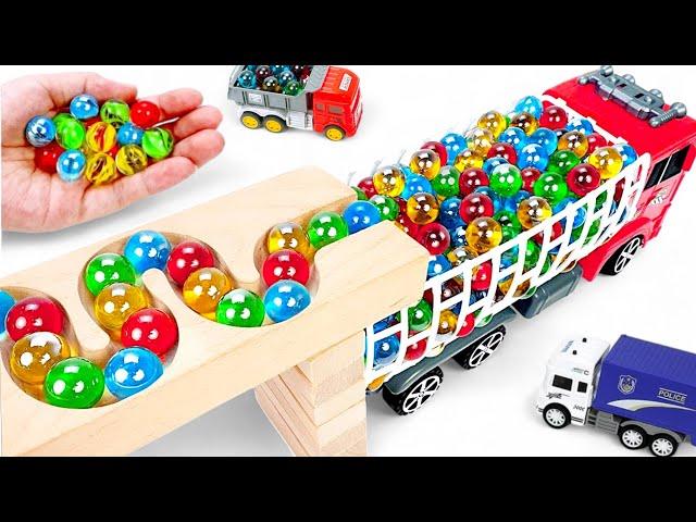 Marble Run ASMR Race  HABA Slope & Dump Truck Excavator Ambulance Forklift Garbage Truck Tractors43