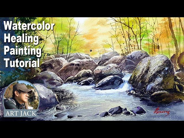 Watercolor Healing Painting Tutorial  Landscape / watery autumn valley / Color info [ART JACK]