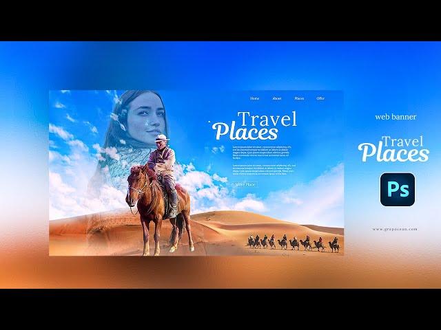 Professional web banner design travel website - Adobe Photoshop Tutorial